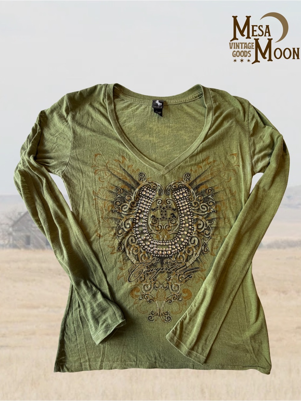 Vintage Cowgirl Embellished V-Neck Long Sleeve Top